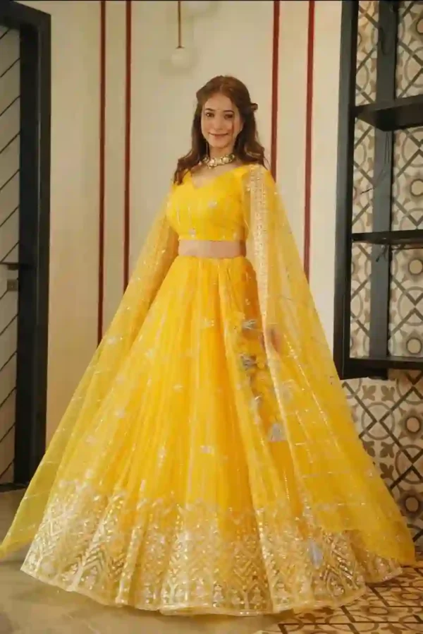 YELLOW NET LEHENGA CHOLI SET