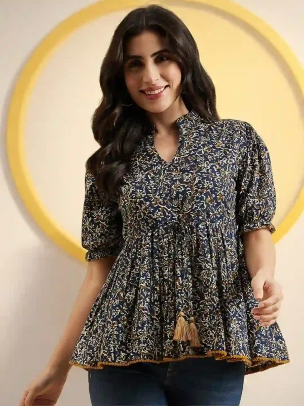 Floral Print Mandarin Collar Puff Sleeve Cotton Peplum Top