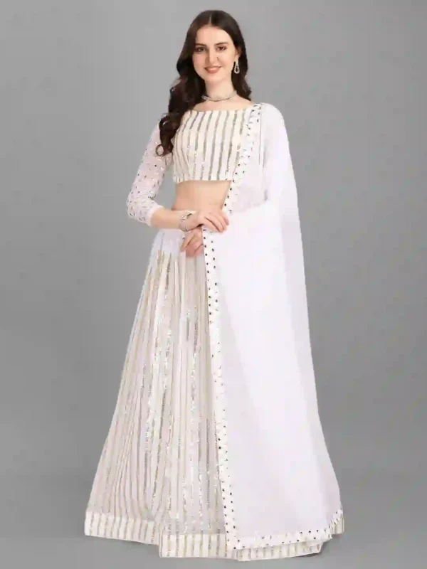 White & Gold-Toned Embroidered Semi-Stitched Lehenga