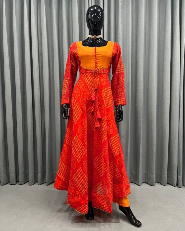 orange   Fox Gorgette round  neck potali button gown with  Four side fancy lace broder dupatta - Image 2