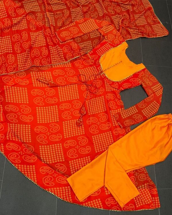 orange   Fox Gorgette round  neck potali button gown with  Four side fancy lace broder dupatta - Image 9