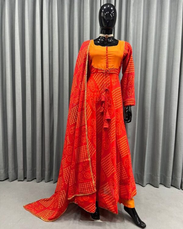 orange   Fox Gorgette round  neck potali button gown with  Four side fancy lace broder dupatta - Image 10