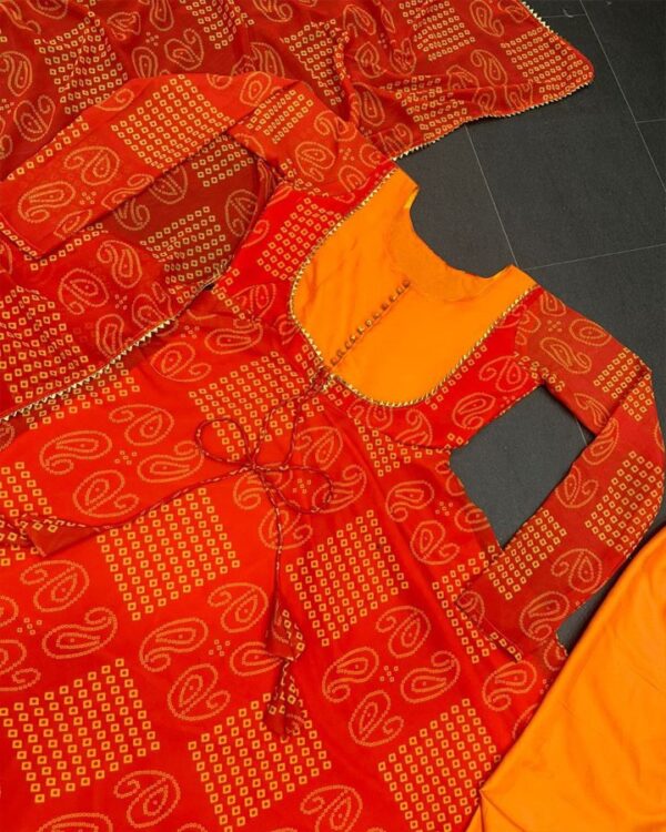 orange   Fox Gorgette round  neck potali button gown with  Four side fancy lace broder dupatta - Image 5