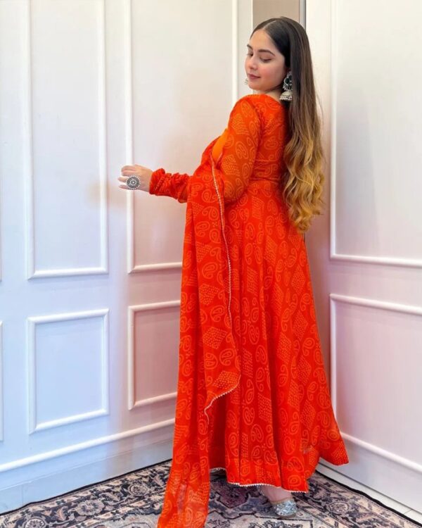 orange   Fox Gorgette round  neck potali button gown with  Four side fancy lace broder dupatta - Image 8