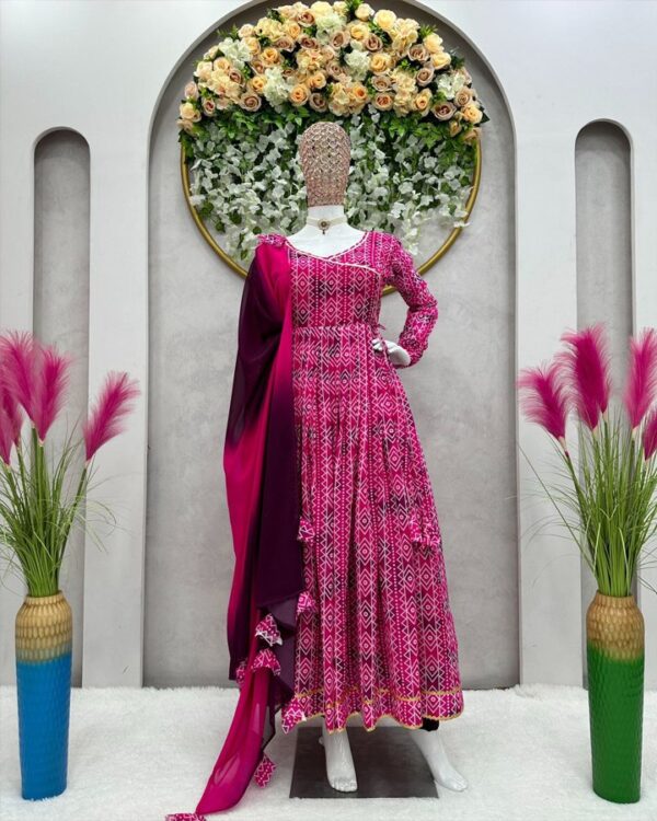 pink  havy  Faux Georgette Digital print with Tassels  Suit with dupatta - Image 11