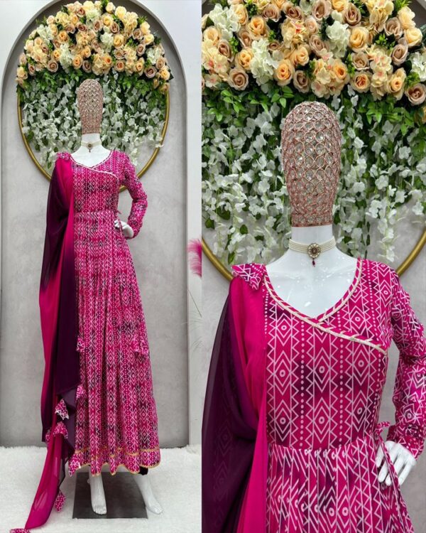 pink  havy  Faux Georgette Digital print with Tassels  Suit with dupatta - Image 6