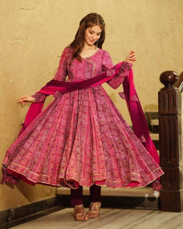pink  havy  Faux Georgette Digital print with Tassels  Suit with dupatta