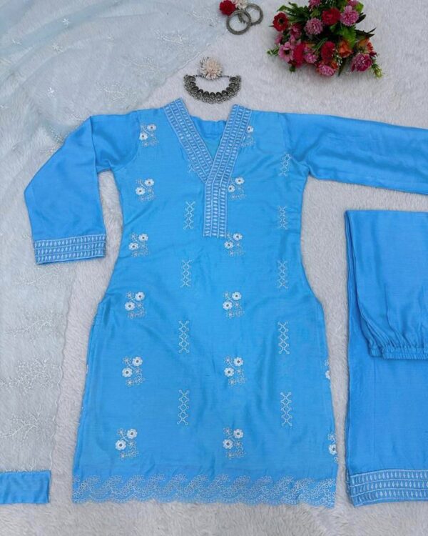 sky blue  Designer Suit On havy Reyon febric Thred work with Net Febric dupatta - Image 3