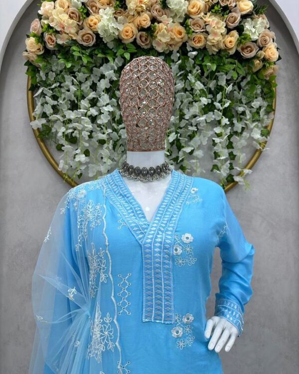 sky blue  Designer Suit On havy Reyon febric Thred work with Net Febric dupatta - Image 8