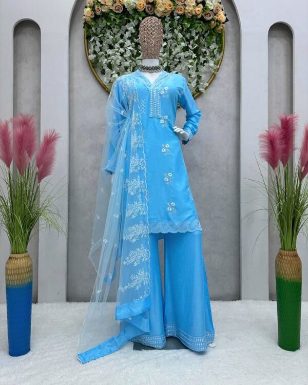 sky blue  Designer Suit On havy Reyon febric Thred work with Net Febric dupatta