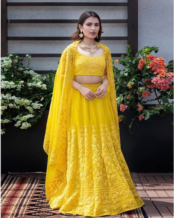 Delightful Yellow haldi special Gorgette  Embroidery  Digital Print Lehenga Choli with beautiful dupatta - Image 2