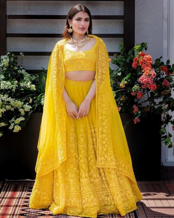 Delightful Yellow haldi special Gorgette  Embroidery  Digital Print Lehenga Choli with beautiful dupatta