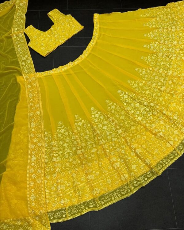 Delightful Yellow haldi special Gorgette  Embroidery  Digital Print Lehenga Choli with beautiful dupatta - Image 6