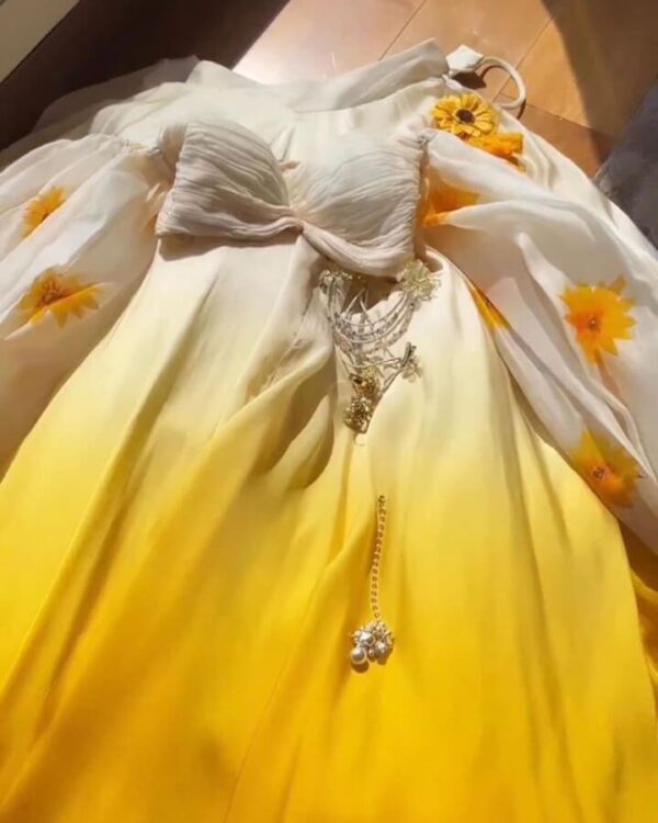 yellow  and white  soft Satin silk with Gorgtte Digital print  puffy full sleeve  Lehengha Choli with dupata - Image 4