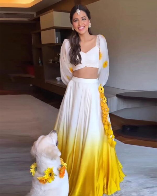 yellow  and white  soft Satin silk with Gorgtte Digital print  puffy full sleeve  Lehengha Choli with dupata - Image 2