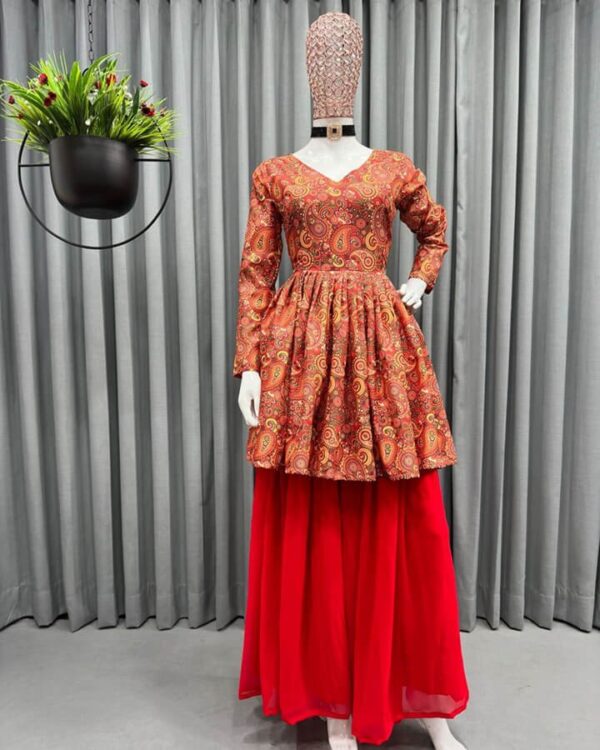 beautiful red Top On American Crep febric with inner with  Digital Print and plain Plazoo - Image 4