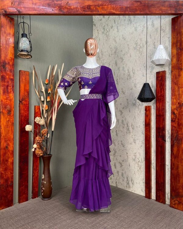 BEAUTIFUL FAUX GEORGETTE RUFFLE  SAREE WITH MOTI WORK BLOUSE - Image 6
