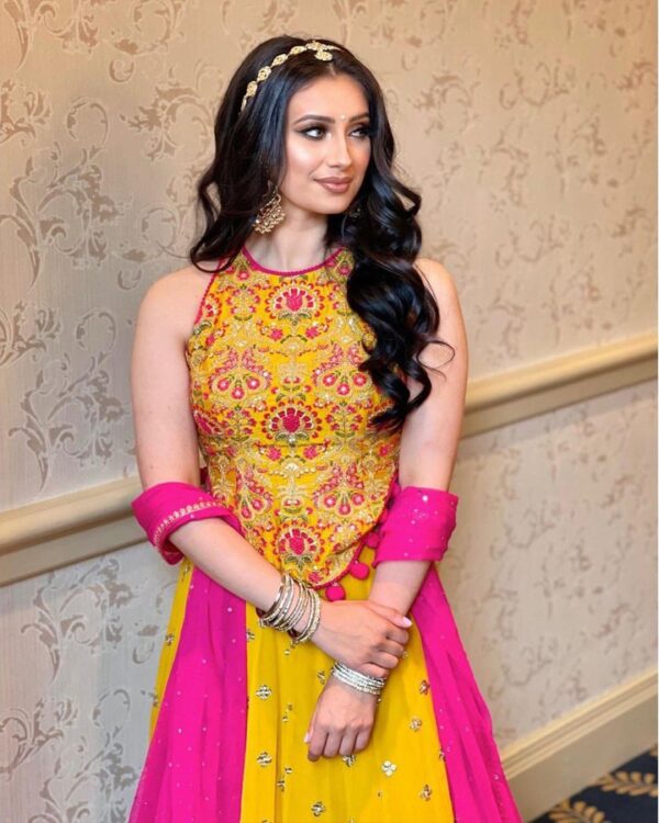 yellow and pink haldi special LEHENGA choli WITH WORK DUPATTA - Image 3