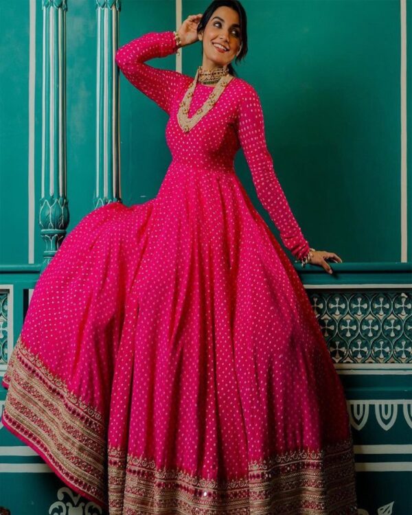 hot pink  HEAVY BUTTER SILK  MIRROR HAND WORK  PARTY WEAR  GOWN WITH DUPATTA - Image 2