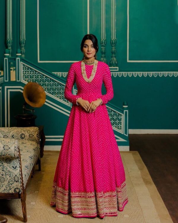 hot pink  HEAVY BUTTER SILK  MIRROR HAND WORK  PARTY WEAR  GOWN WITH DUPATTA - Image 4