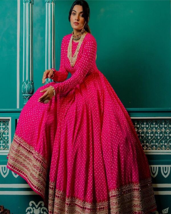 hot pink  HEAVY BUTTER SILK  MIRROR HAND WORK  PARTY WEAR  GOWN WITH DUPATTA - Image 5