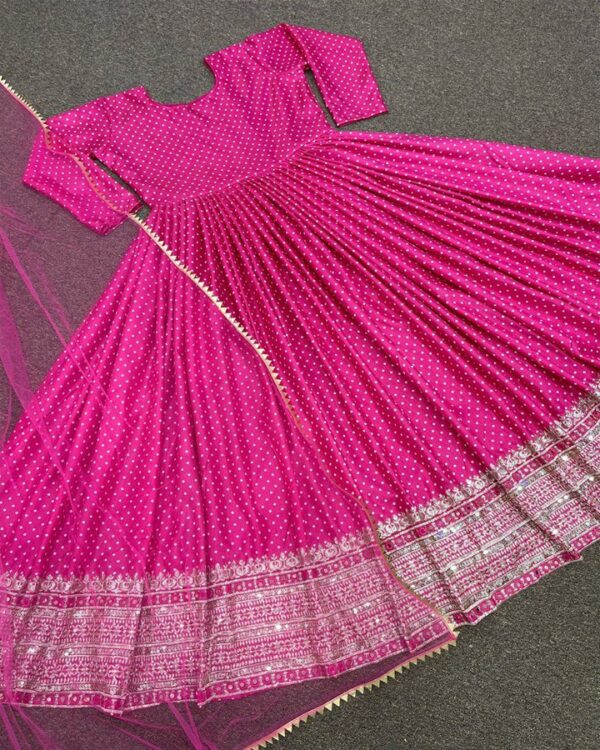 hot pink  HEAVY BUTTER SILK  MIRROR HAND WORK  PARTY WEAR  GOWN WITH DUPATTA - Image 7