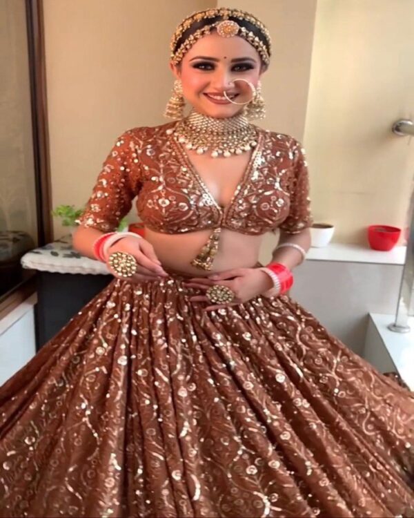 dark maroon HEAVY GEORGETTE  CHINE SEQUNCE WORK WITH WORK SLEEVES  Lehenga Choli WITH HEAVY DUPATTA - Image 2