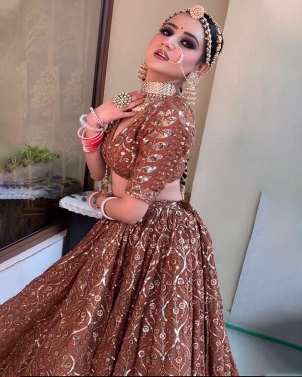 dark maroon HEAVY GEORGETTE  CHINE SEQUNCE WORK WITH WORK SLEEVES  Lehenga Choli WITH HEAVY DUPATTA - Image 3