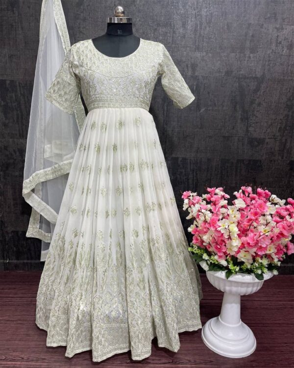 off white  GEORGETTE HEAVY CHINE SEQUNCE  EMBROIDERED WORK half sleeve GOWN WITH DUPATTA - Image 7