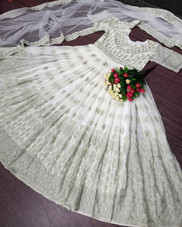 off white  GEORGETTE HEAVY CHINE SEQUNCE  EMBROIDERED WORK half sleeve GOWN WITH DUPATTA - Image 9