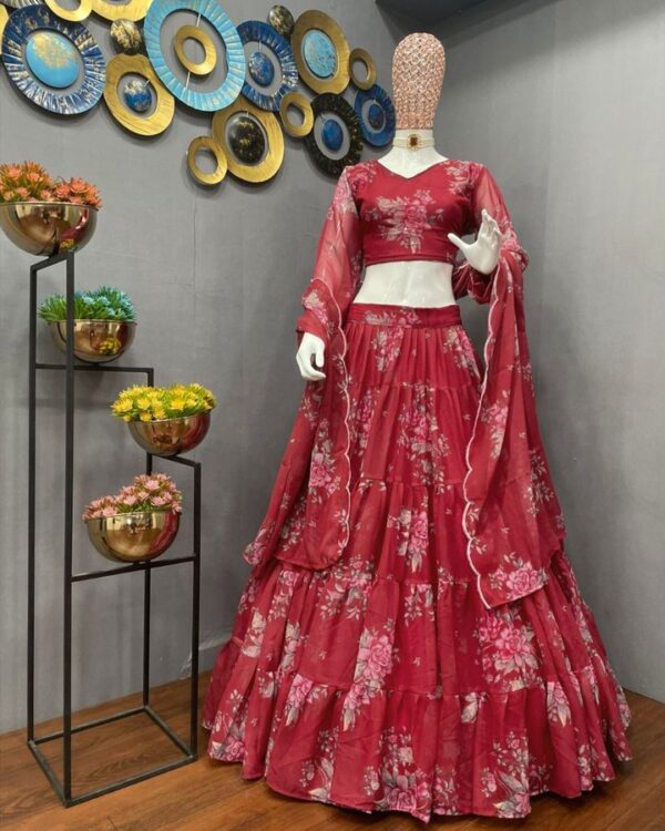 Gorgeous Scarlette Red  Gorgette  Mutli-thread Embroidered  Lehenga Choli with cutwork  dupatta - Image 9