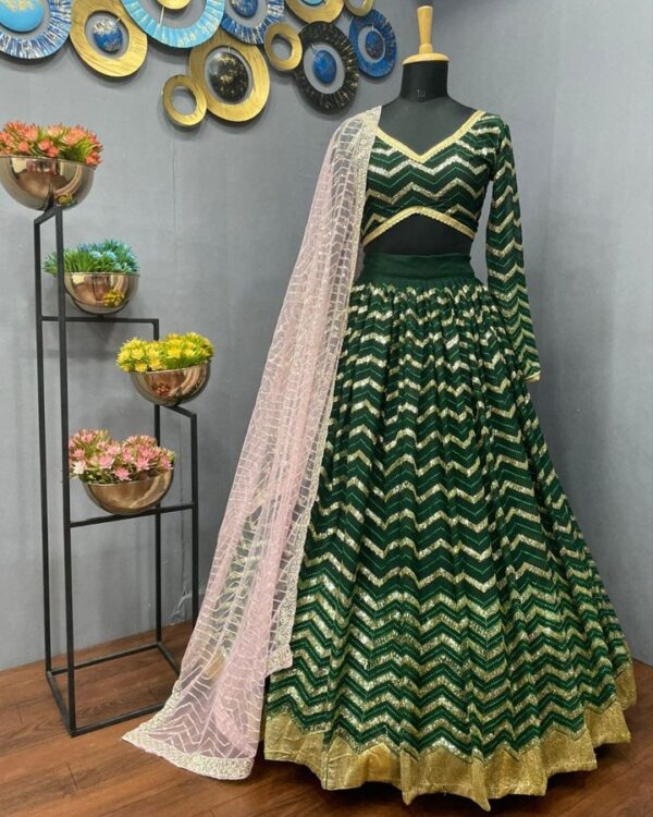 green Wedding lehenga choli with baby pink colore dupatta - Image 9