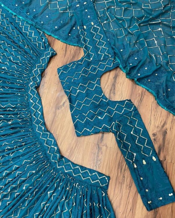 Stunning Teal Blue  Chinestich sequins embroidered Georgette Party Wear Lehenga Choli  with Dupata - Image 4