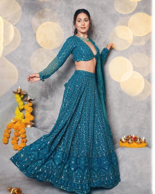 Stunning Teal Blue  Chinestich sequins embroidered Georgette Party Wear Lehenga Choli  with Dupata - Image 5