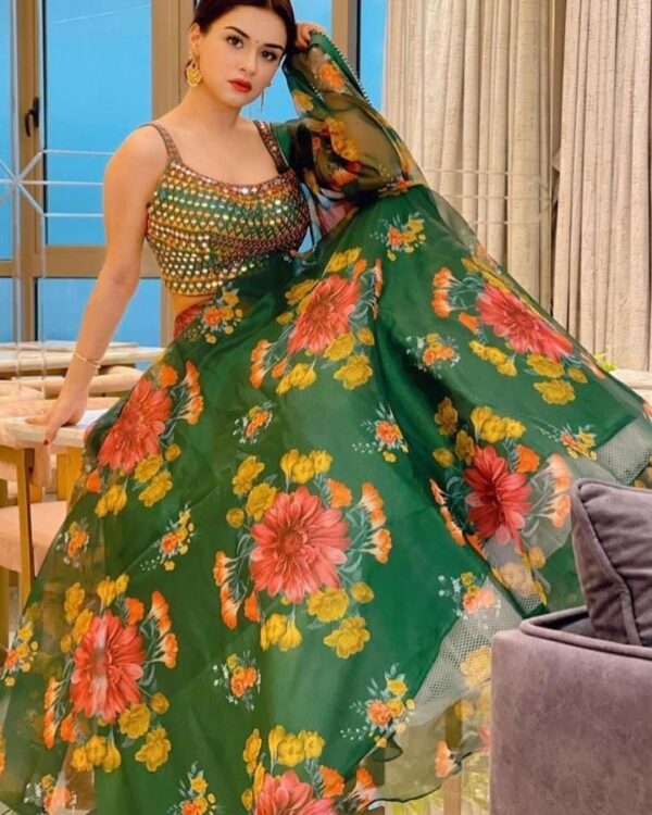 classy green  Organza beautiful flower printed Lehengha Choli  with Dupata - Image 2