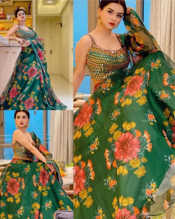 classy green  Organza beautiful flower printed Lehengha Choli  with Dupata - Image 6