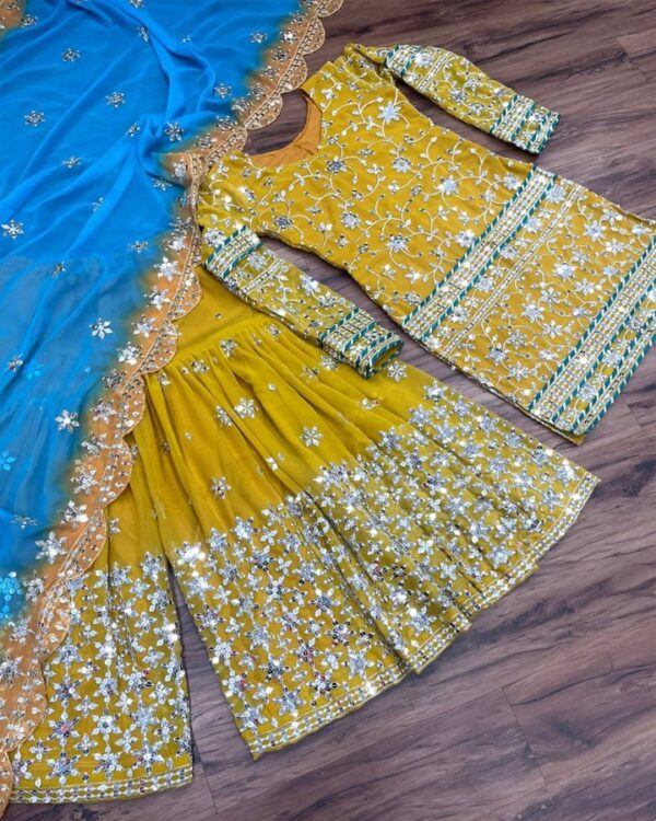 yellow   Gorgette embroidery Sequnce   digital printed sharara suit with dupatta - Image 3