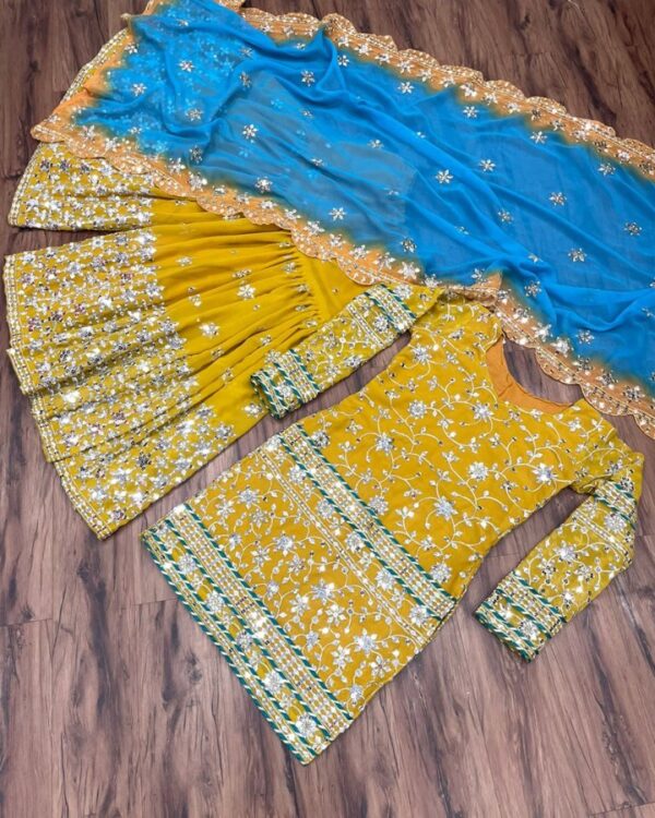 yellow   Gorgette embroidery Sequnce   digital printed sharara suit with dupatta - Image 2