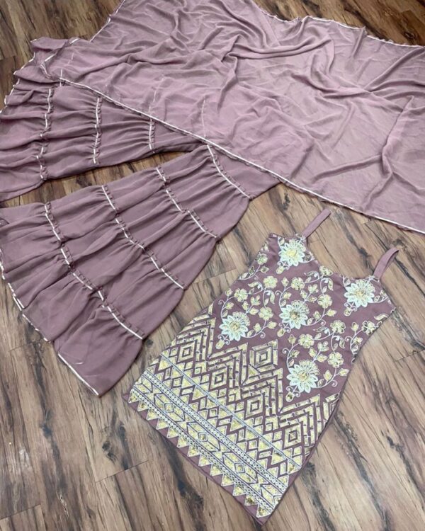 DESIGNER peach  gorgette  Embroidery Sequnce   work  Full Stich extra sleve attach inside  sharara suit with dupatta - Image 3
