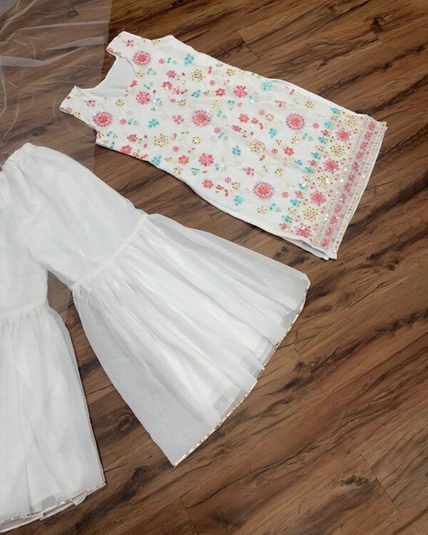 white GORGETTE EMBROIDERY SEQUNCE WORK FULL STICH EXTRA SLEVE ATTACH INSIDE flower print SHARARA SUIT WITH DUPATTA - Image 7