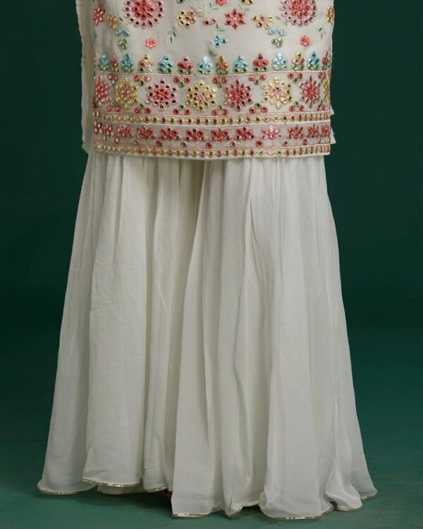 white GORGETTE EMBROIDERY SEQUNCE WORK FULL STICH EXTRA SLEVE ATTACH INSIDE flower print SHARARA SUIT WITH DUPATTA - Image 9