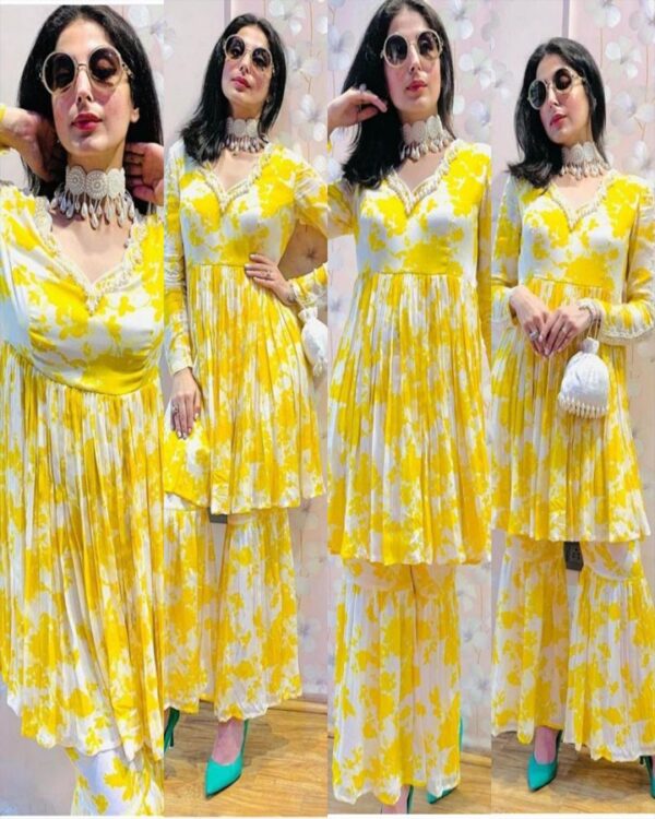 yellow   Chinon silk digital print work v-nack sharara suit - Image 4
