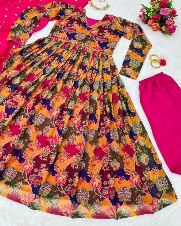 multi colour beautiful Designer Suit On havy Faux Georgette febric with inner and Digital print and Hand work and Pent - Image 3