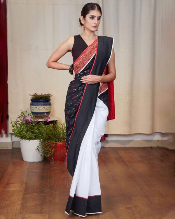 BLACK AND WHITE PRINTED SAREE WITH RED BORDER - Image 2