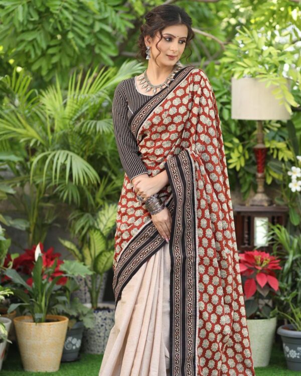 OFFWHITE AND RED MULMUL COTTON SILK PRINTED SAREE