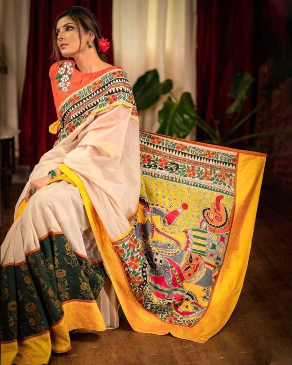 WHITE AND YALLOW COLOR HAVY MODEL SILK SAREE WITH TREDITIONAL PRINT - Image 2