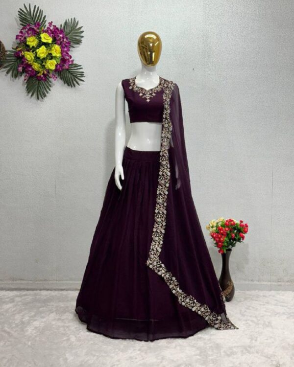 Beautiful Wine Party Wear heavy Embroidery With Moti Hand Work Lehenga Choli - Image 3