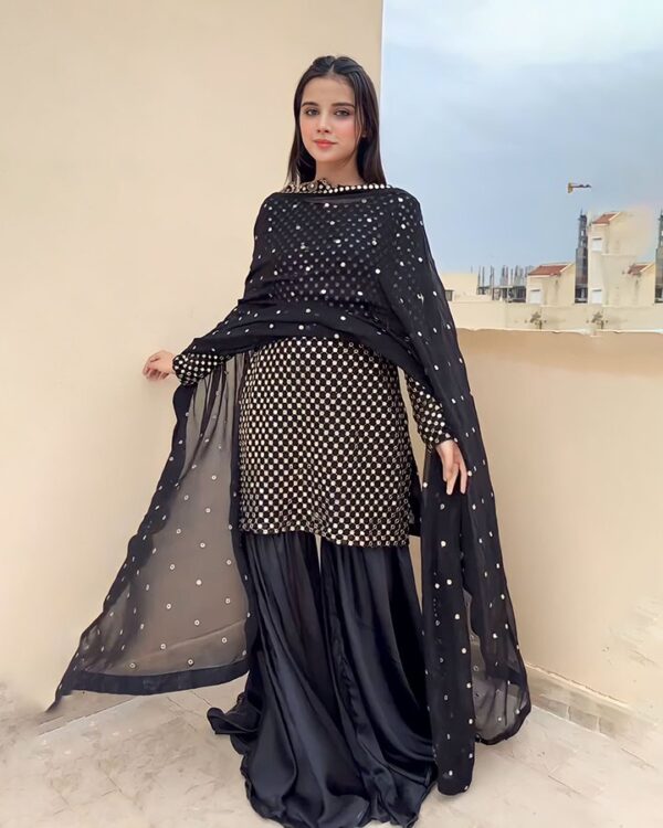 Trendy All-Black Faux Georgette Sharara Suit for Girls with Sequins and Thread Work | Ideal for Festive and Party Wear - Image 2