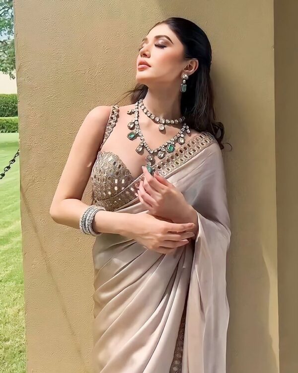 Beautiful designer Light Brown Japan Satin Silk Saree with Intricate Mirror Work and Designer Blouse - Image 3