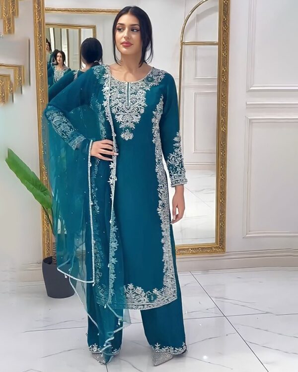 New Designer Heavy Zardoshi Sharara Suit Set in Roman Silk with Hand & Sequence Work - Full-Stitched 3-Piece Set with Net Dupatta
